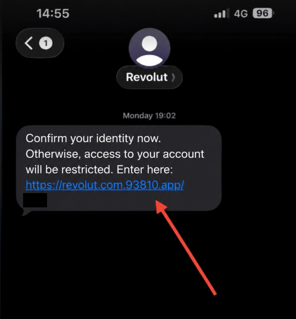 Phishing text message presented as a Revolut communication - Malwarebytes