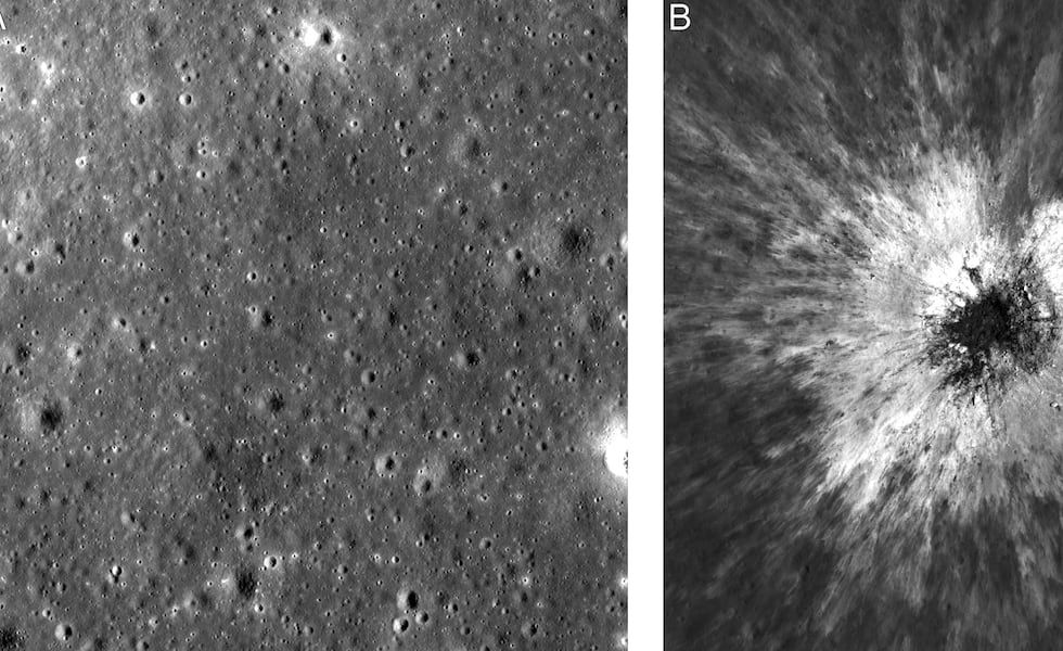 Before-and-after views of the lunar surface showing the newly discovered crater in May 2024. - NASA Goddard Space Flight Center/Intuitive Machines via AP