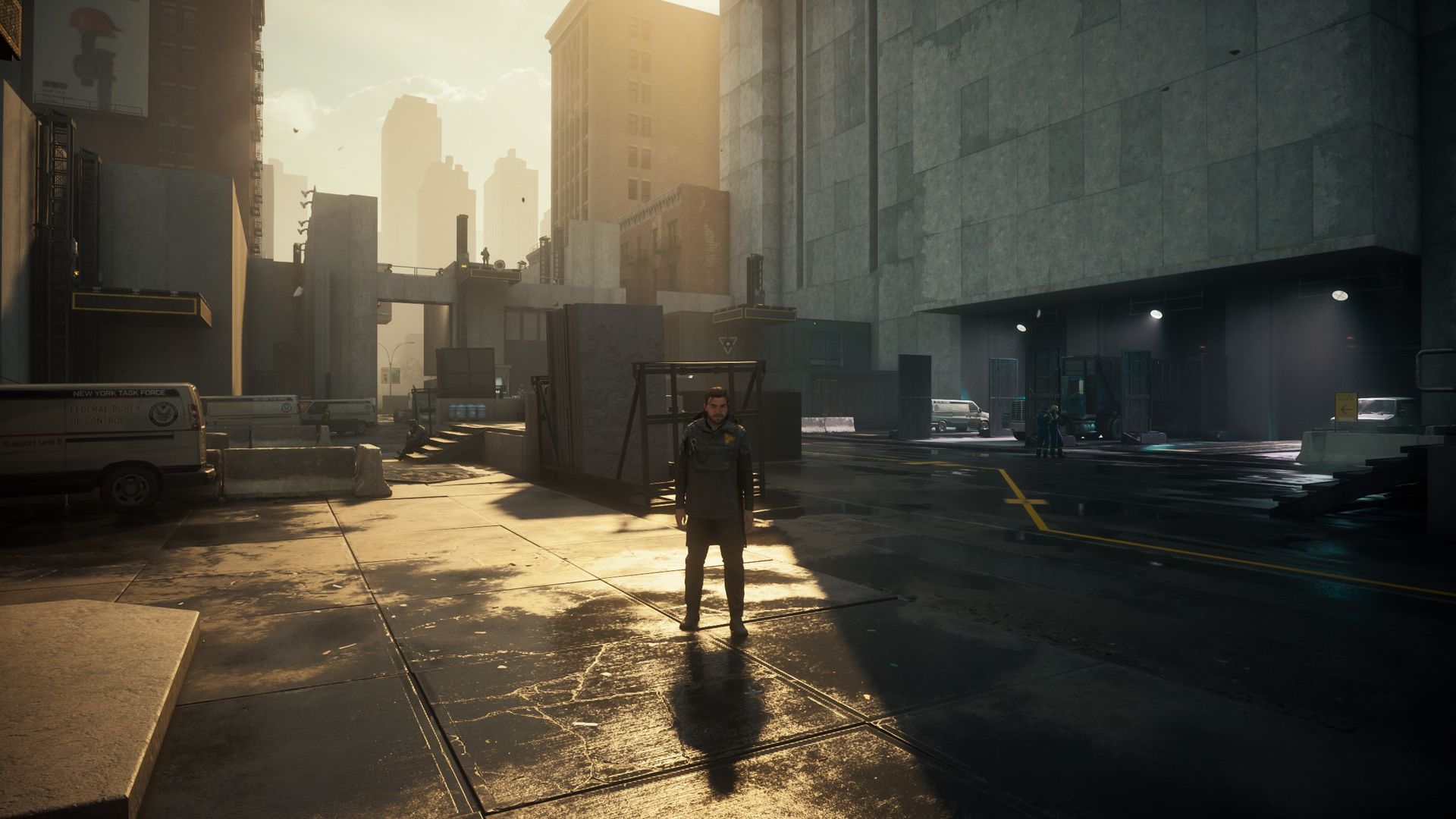 Dylan stands between light and shade on a city street in Control Resonant. - Remedy Entertainment