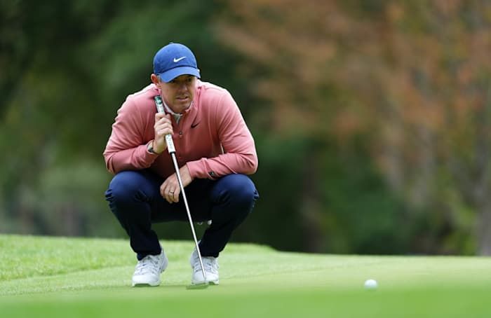 Rory McIlroy on the 16th green during the third round at Wentworth Golf Club, Virginia Water, England, September 19, 2026. - Adam Davy/PA via AP