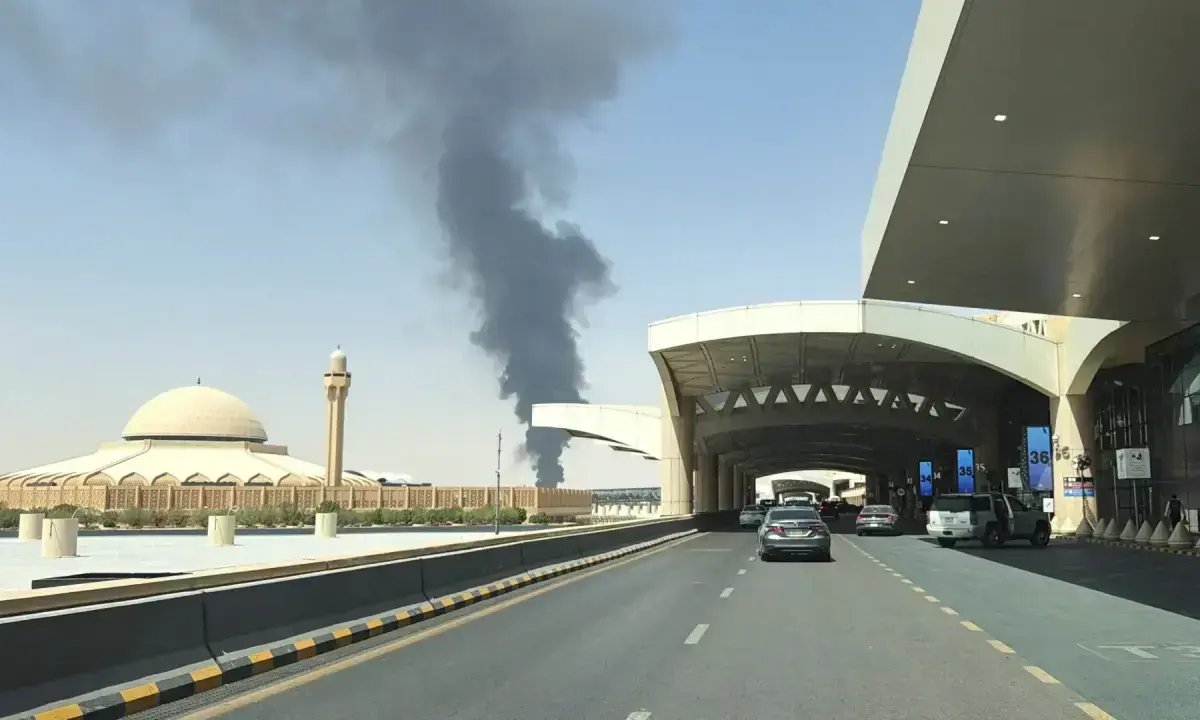 Black smoke rises from a fuel storage depot near King Khalid International Airport in Riyadh on Sept. 19, 2026. - Reuters