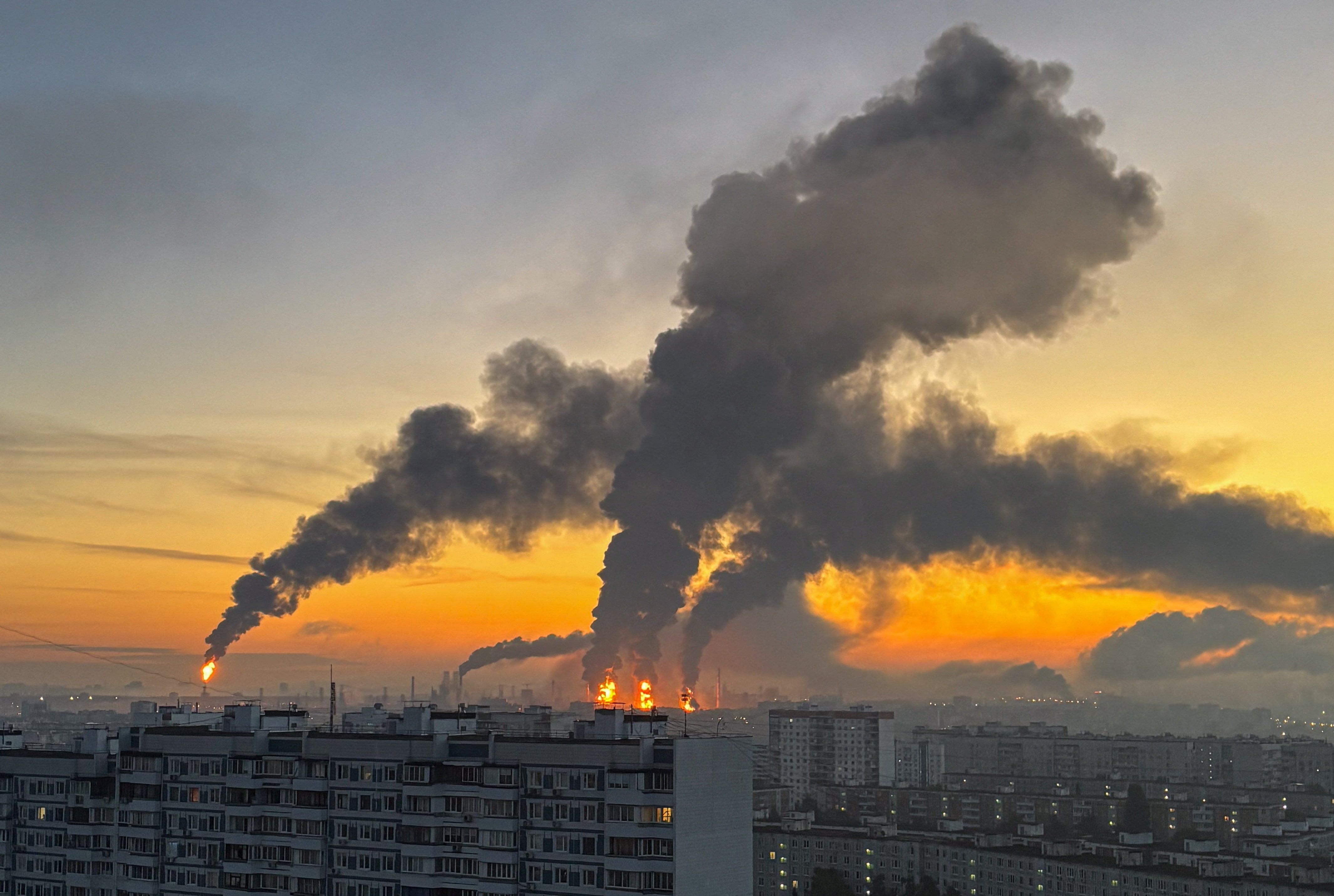 Smoke rises from fires at the Moscow oil refinery after the reported drone attack, September 20, 2026. - REUTERS