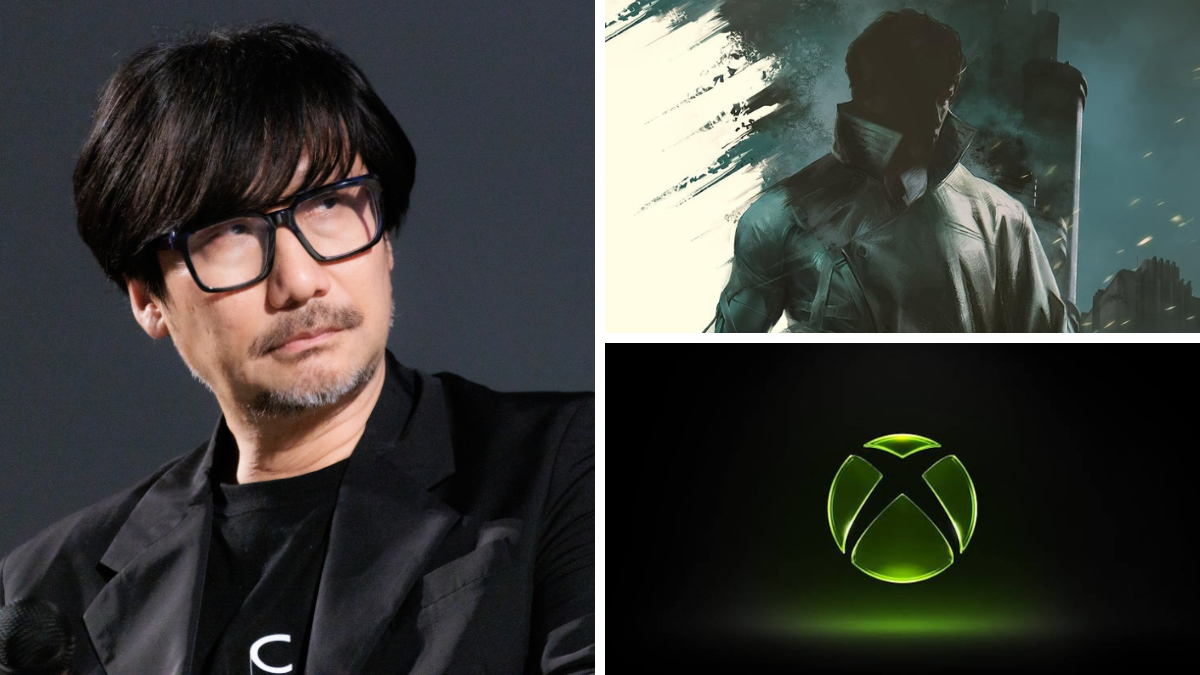 Hideo Kojima, Physint artwork and the Xbox logo representing the project’s change in publishing partner - pcgamer.com