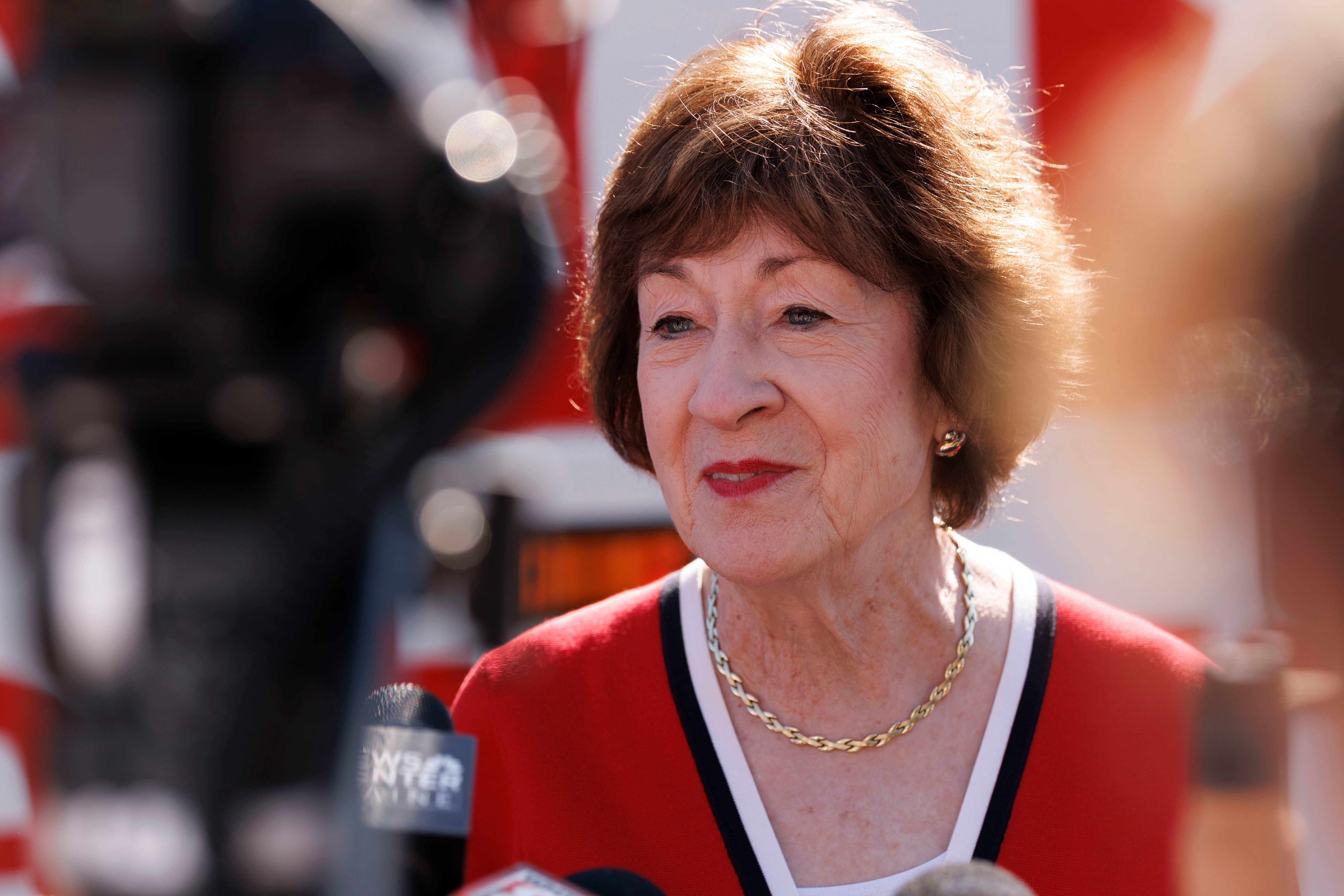 Sen. Susan Collins speaks with reporters during a reelection campaign bus tour stop in Kittery, Maine, on Aug. 14, 2026. - CJ Gunther/Getty Images