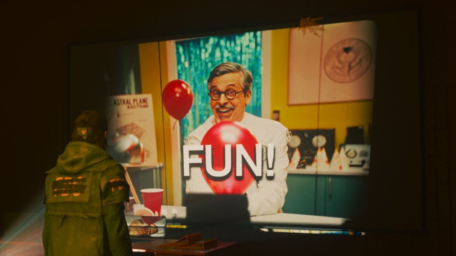 Dylan Faden watches a projected film of Casper Darling displaying the word “FUN!” - pcgamer.com