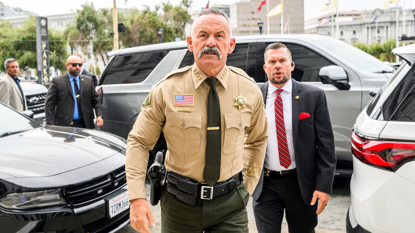 Riverside County Sheriff Chad Bianco arrives at the California Supreme Court for a hearing on his seizure of ballots, Aug. 24, 2026. - AP Photo/Noah Berger