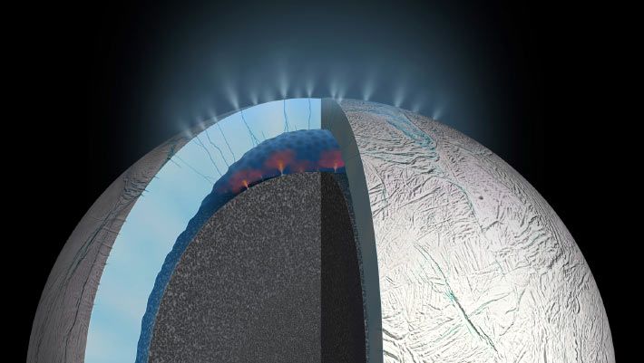 Illustration of Enceladus and its subsurface ocean - sci.news
