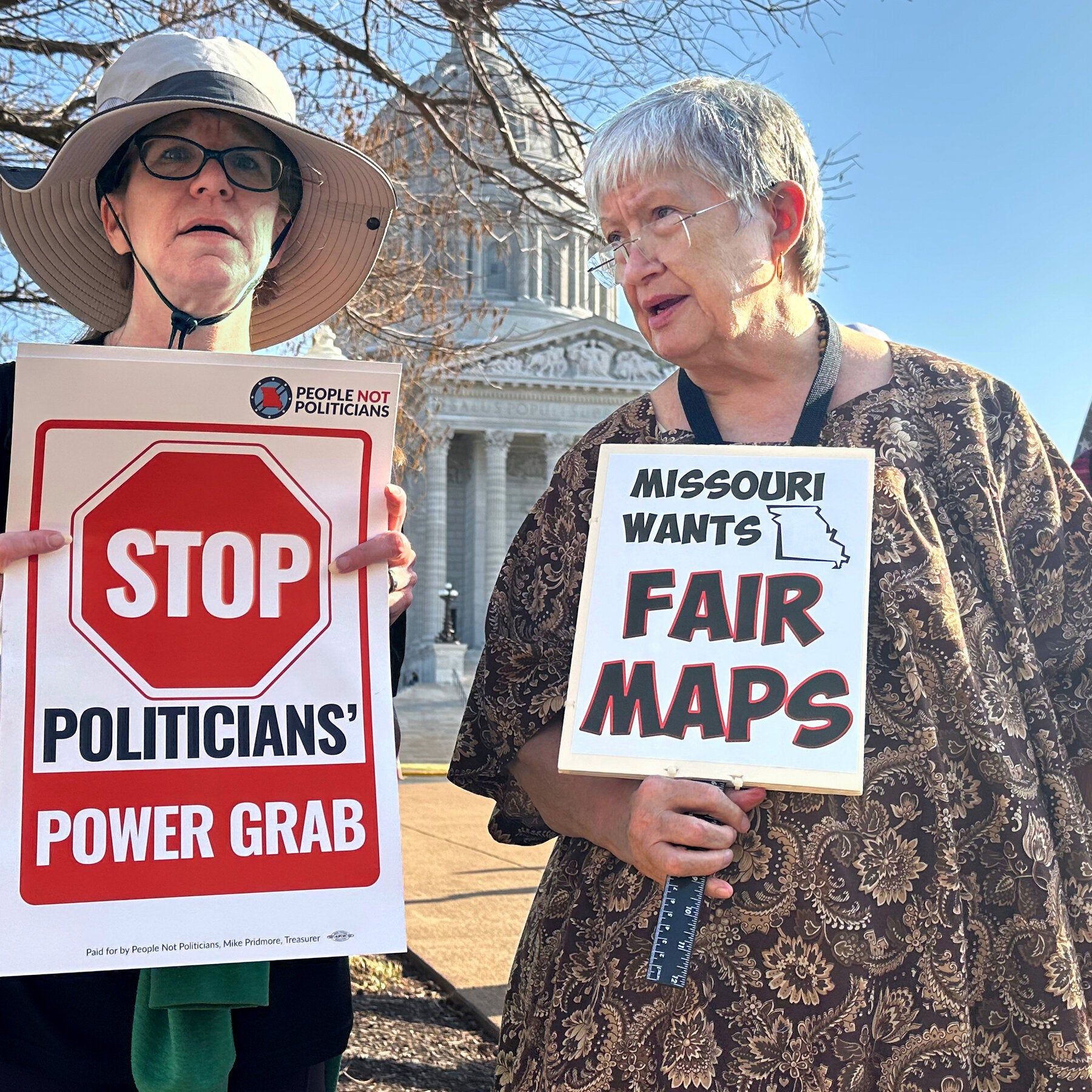 Protesters outside the Missouri state Capitol in Jefferson City in March, demonstrating against the newly drawn congressional map. - David A. Lieb/AP
