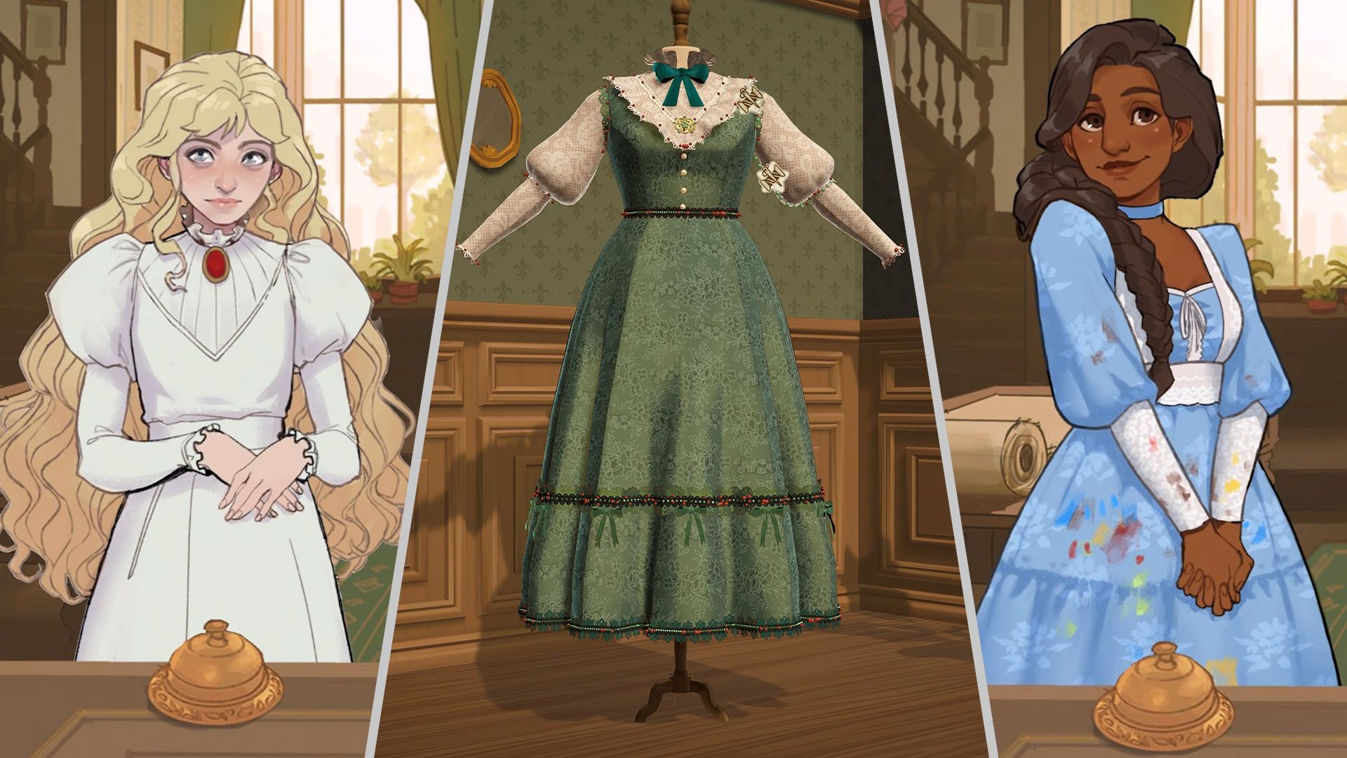 Three Dressmaker screenshots show period-style outfits and a dress displayed on a mannequin. - pcgamer.com