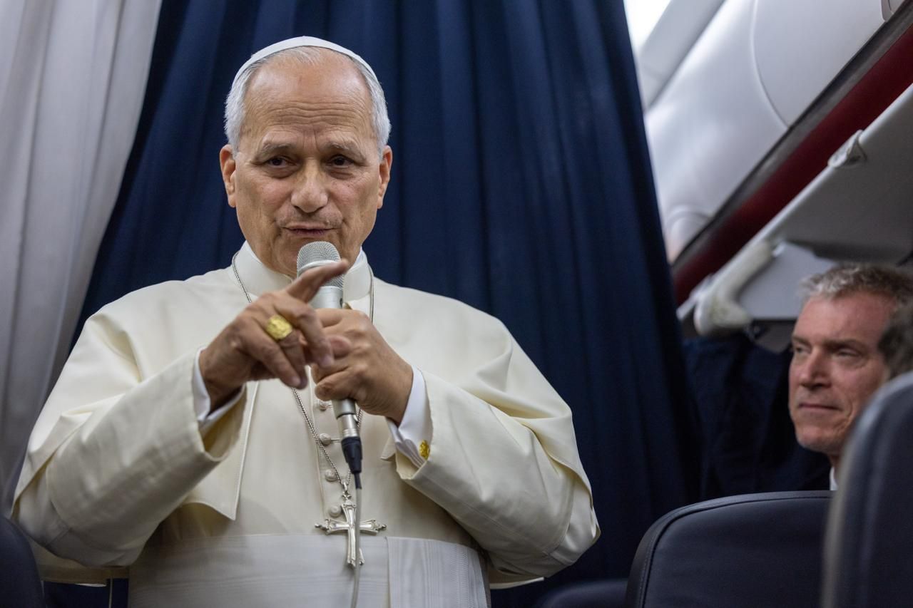 Pope Leo XIV speaks to reporters aboard his flight from Metz, France, to Rome on Sept. 28, 2026. - Daniel Ibáñez/EWTN News