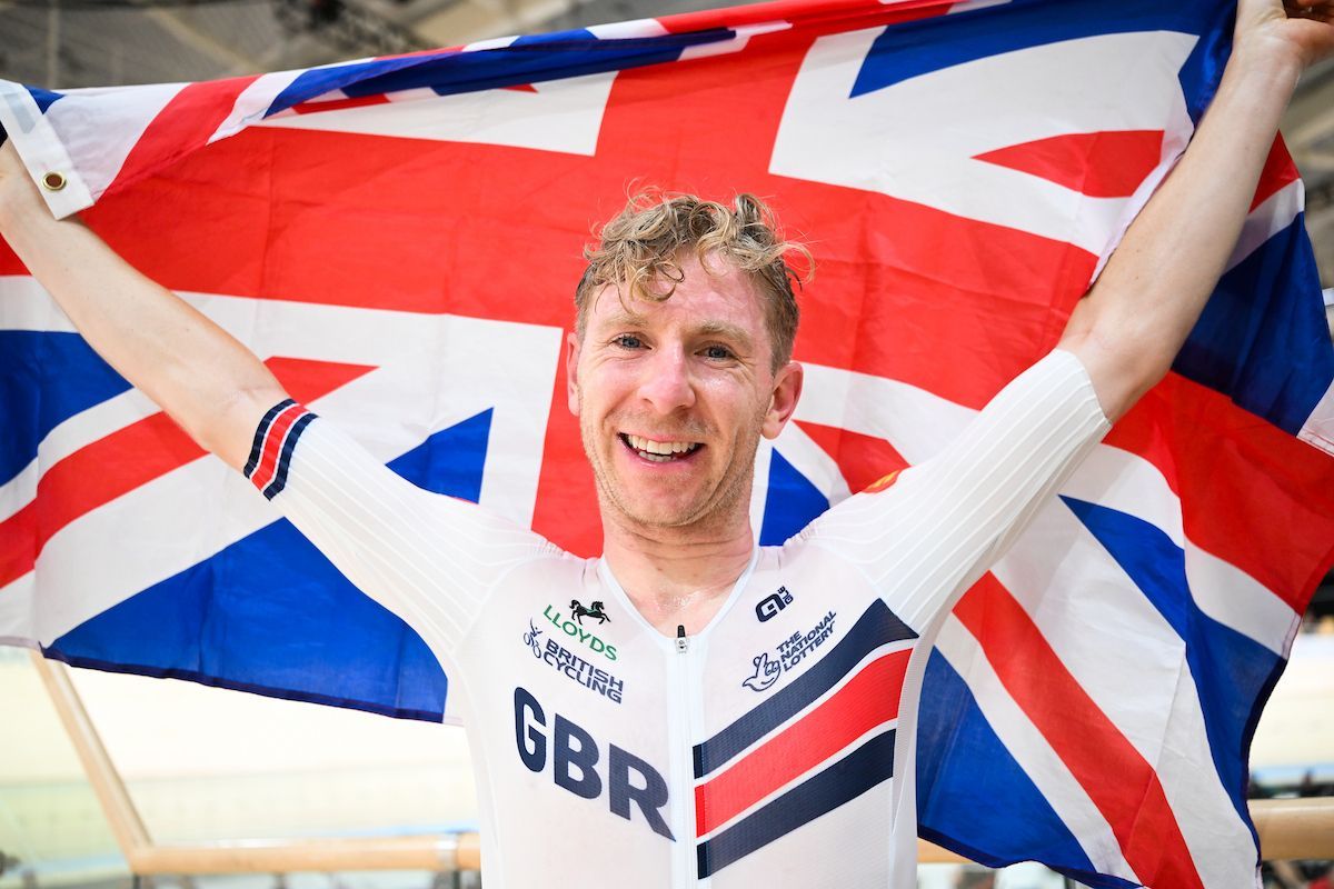 Mark Stewart (Great Britain) celebrates winning the Points Race at the 2026 UCI Track World Championships - cyclingnews.com